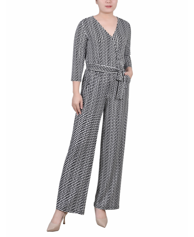 Shop Ny Collection Petite Short 3/4 Sleeve Belted Wide Leg Jumpsuit In Jet Snowpop