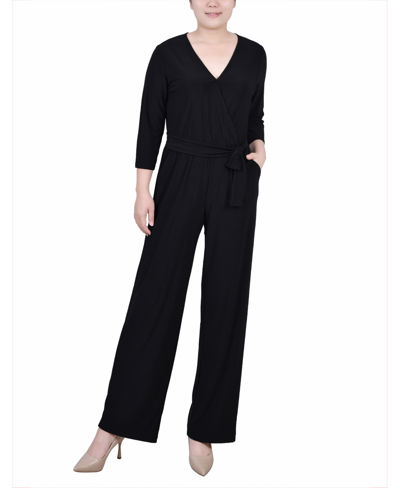 Shop Ny Collection Petite Short 3/4 Sleeve Belted Wide Leg Jumpsuit In Black