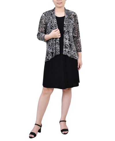 Ny Collection Petite Cardigan And Dress Set, 2 Piece In Tan Wildchita Black