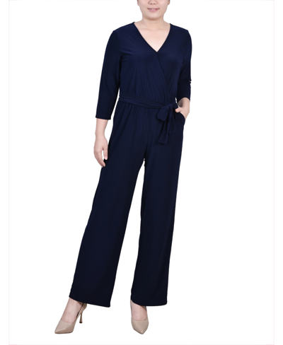Shop Ny Collection Petite Short 3/4 Sleeve Belted Wide Leg Jumpsuit In Navy