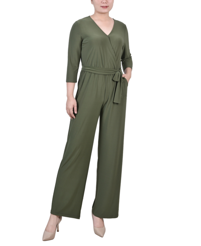Shop Ny Collection Petite Short 3/4 Sleeve Belted Wide Leg Jumpsuit In Oil Green