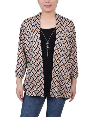 Ny Collection Petites Womens Cardigan Layering Blouse In Doeskin Geo