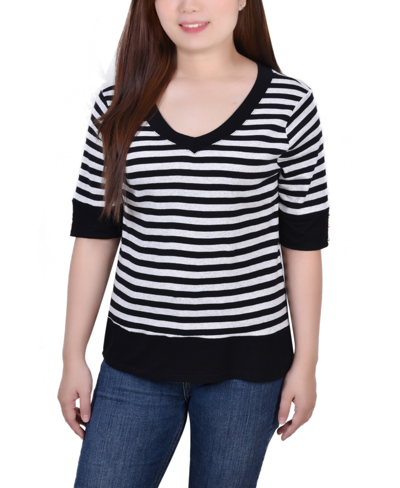 Ny Collection Petite Elbow Sleeve T-shirt In Taupe Black
