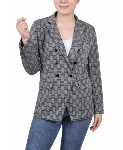 Shop Ny Collection Petite Printed Double Breasted Blazer In Black White Plaid