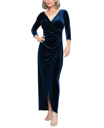 Shop Alex Evenings Petite Velvet Side-ruched 3/4-sleeve Gown In Imperial
