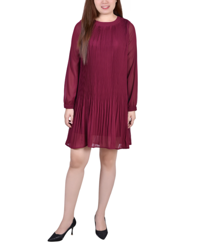 Shop Ny Collection Petite Long Sleeve Pleated Dress In Wine