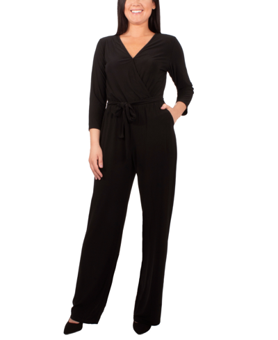Shop Ny Collection Petite 3/4 Sleeve Printed Belted Jumpsuit In Black