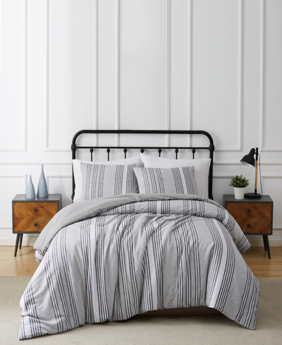 Truly Soft Kiel Stripe 3 Piece Flannel Comforter Set, Full/queen In Gray