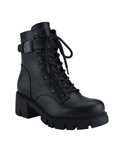 Shop Gbg Los Angeles Women's Aiken Studded Lug Sole Combat Bootie Women's Shoes In Black- Faux Leather