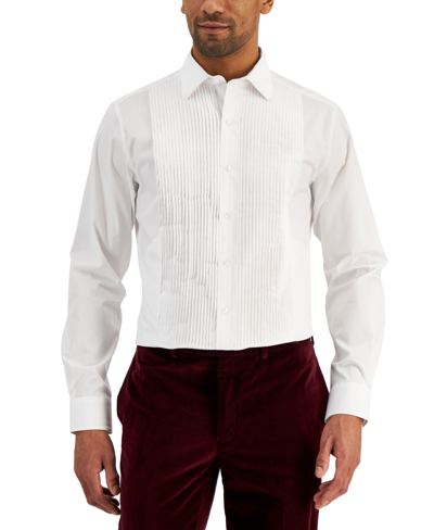 Shop Alfani Men's Slim Fit Pleated Panel Formal Shirt, Created For Macy's In Sierradale White