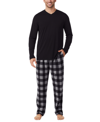Shop Cuddl Duds Men's Cabin 2-pc. Solid Long-sleeve V-neck T-shirt & Plaid Fleece Pajama Pants Set In Black Buffalo Check