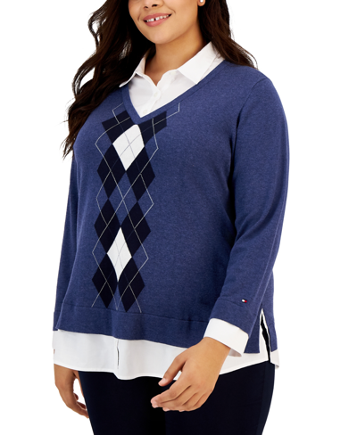 Tommy Hilfiger Plus Size Cotton Argyle Layered-look Sweater In Blue |  ModeSens