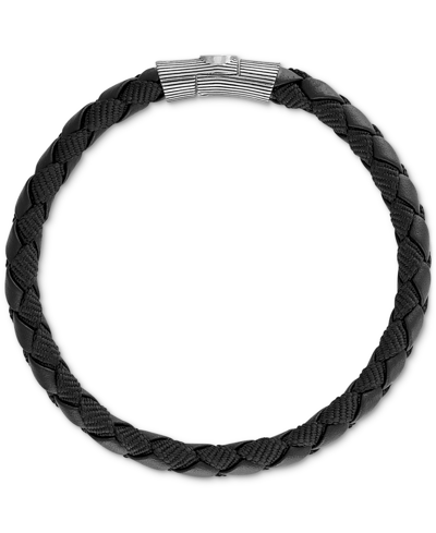 Shop Esquire Men's Jewelry Black Leather Woven Bracelet In Sterling Silver (also In Brown Leather & Blue Leather), Created For 