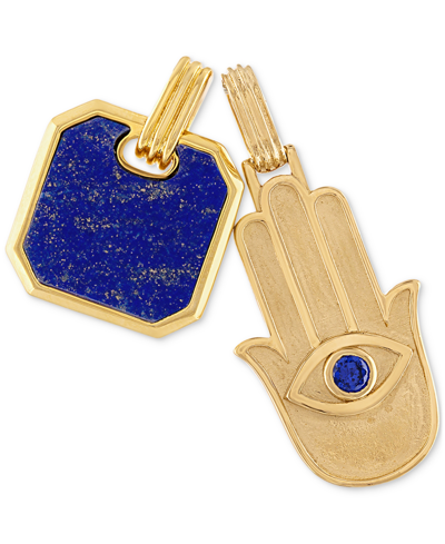 Shop Esquire Men's Jewelry 2-pc. Set Lapis Lazuli & Cubic Zirconia Dog Tag & Hamsa Hand Amulet Pendants In 14k Gold-plated Ster In Gold Over Silver