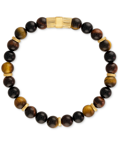 Shop Esquire Men's Jewelry Multicolor Tiger Eye Beaded Stretch Bracelet In 14k Gold-plated Sterling Silver (also In Green Tiger In Brown