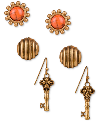 Shop Patricia Nash Gold-tone 3-pc. Set Stud & Key Drop Earrings In Darkyellow