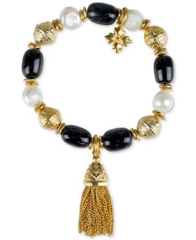 Shop Patricia Nash Gold-tone Chain Tassel Mixed Bead Stretch Bracelet In Med Yellow
