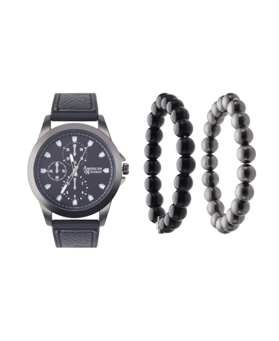 Shop American Exchange Men's Quartz Movement Black Leather Analog Watch, 47mm And Stackable Bracelet Set With Zippered Pouc In Black/matte Black