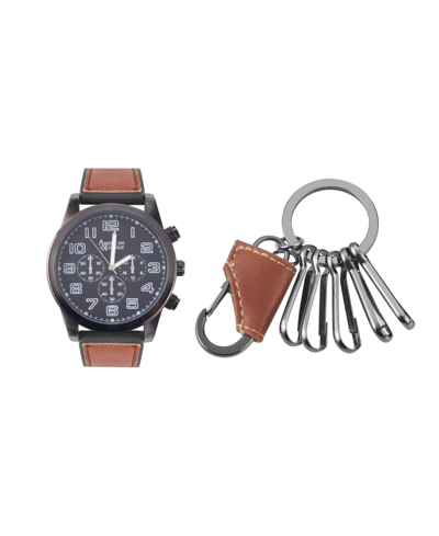 Shop American Exchange Men's Quartz Movement Cognac Leather Strap Analog Watch, 48mm And Keychain With Zippered Travel Pouc In Cognac/matte Black