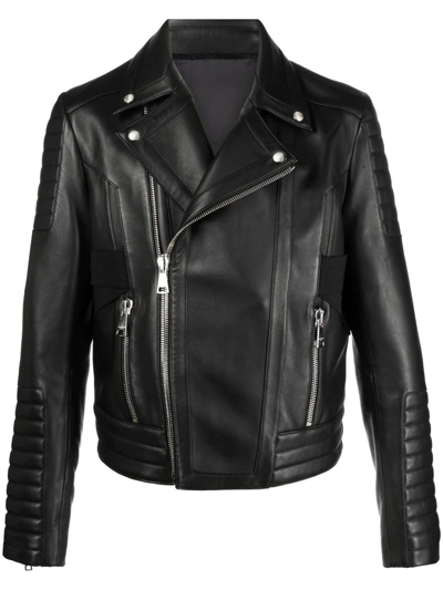 Shop Balmain Black Leather Biker Jacket With Embossed Inserts In Nero