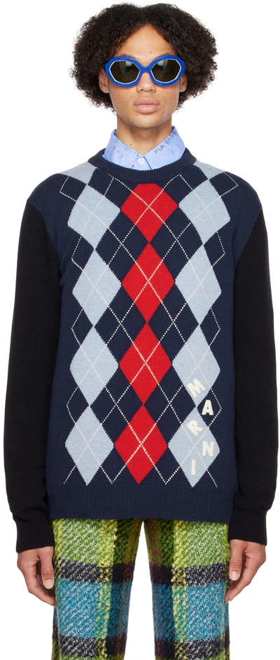 Shop Marni Navy Argyle Sweater In Arb90 Ultramarine