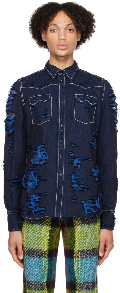 Shop Marni Blue Distressed Shirt In Fdb50 Iris Blue