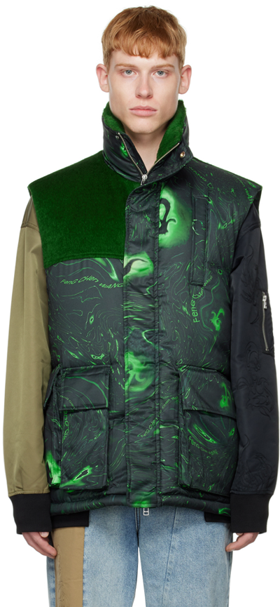 Shop Feng Chen Wang Black & Green Graphic Down Vest