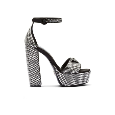 Shop Prada 135 Crystal-studded Satin Sandals - Women's - Leather/crystal/satin In Black