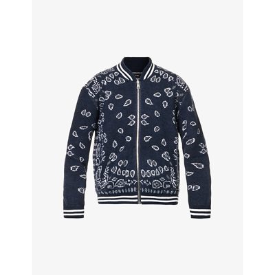 Shop Alanui Bandana Paisley-pattern Wool-blend Knitted Jacket In Navy Blue