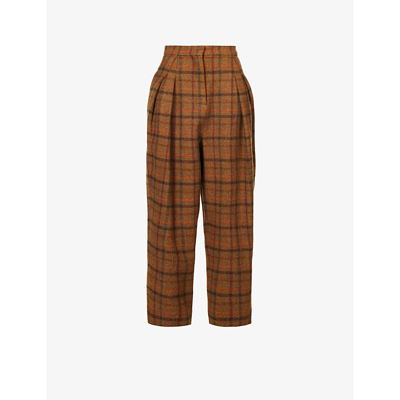 Shop Loewe Check-print Tapered-leg Wool Trousers In Rust Red