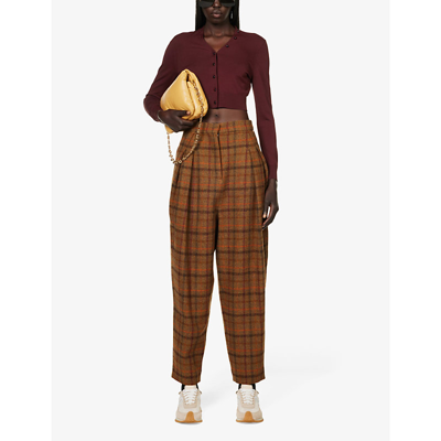 Shop Loewe Check-print Tapered-leg Wool Trousers In Rust Red