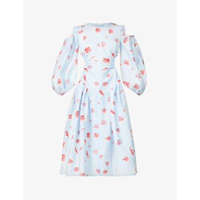 Shop Cecilie Bahnsen Floral-print Woven Midi Dress In Maya Blue Poppy Red