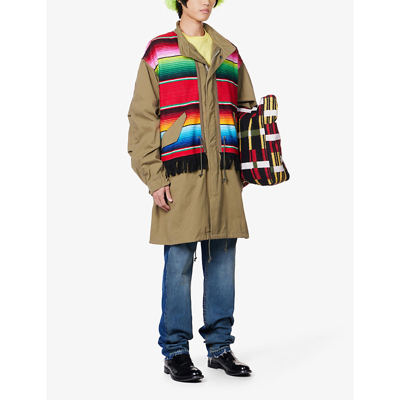 Shop Junya Watanabe Striped Fishtail-hem Oversized-fit Cotton Coat In Kh X Rd/grn/ye