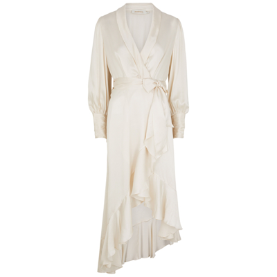 Shop Zimmermann Ruffled Silk-satin Midi Wrap Dress In Cream