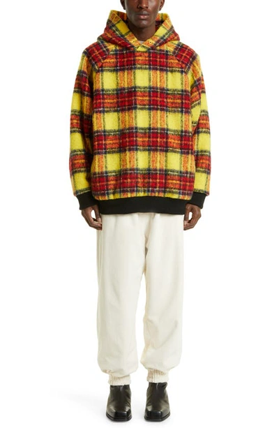 Shop Undercover Oversize Padded Tartan Plaid Wool Blend Hoodie In Yellow Ck