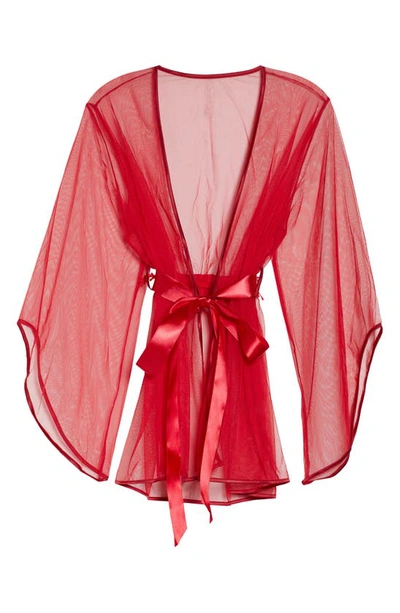 Oh La La Cheri Plus Size Eyelash Lace 2pc Lingerie Set, Robe With Satin Sash And G-string In Red