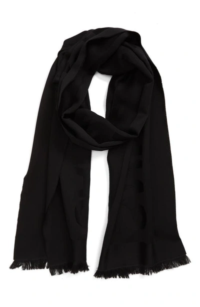Shop Saint Laurent Logo Jacquard Wool Fringe Scarf In Black