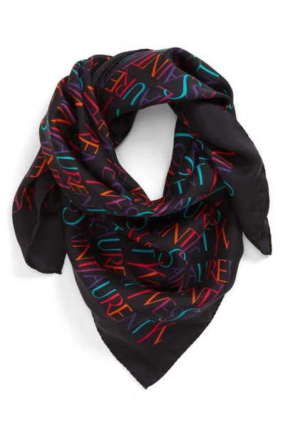 Shop Saint Laurent Logo Square Silk Scarf In Black/ Multicolor