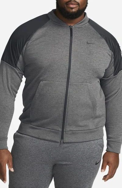 Shop Nike Therma-fit Water Repellent Full Zip Bomber Jacket In Charcoal Heather/ Black