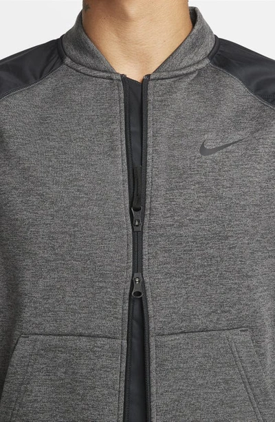 Shop Nike Therma-fit Water Repellent Full Zip Bomber Jacket In Charcoal Heather/ Black