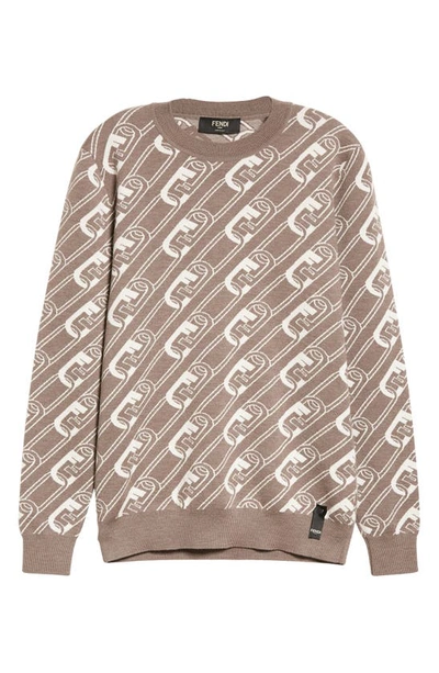 Shop Fendi O'lock Jacquard Crewneck Virgin Wool Sweater In Castoro/ Naturale