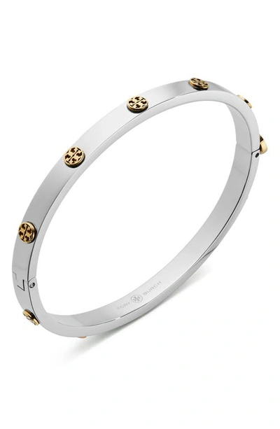 Shop Tory Burch Miller Stud 5mm Hinge Bracelet In Tory Silver/ Tory Gold