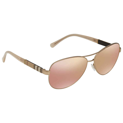 Shop Burberry Brown Mirror Rose Gold Aviator Ladies Sunglasses Be3080-12357j-59 In Brown,gold Tone,pink,rose Gold Tone