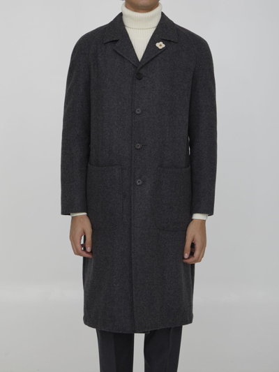 Shop Lardini Herringbone Wool Coat In Grey