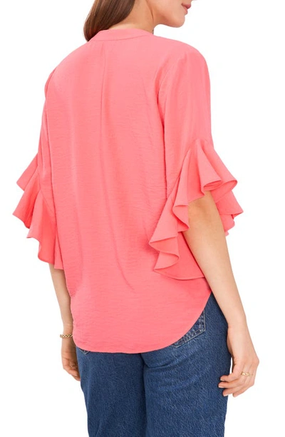 Shop Vince Camuto Ruffle Sleeve Split Neck Blouse In Lush Coral