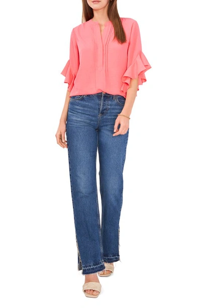 Shop Vince Camuto Ruffle Sleeve Split Neck Blouse In Lush Coral