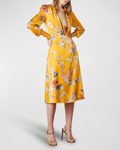 Shop Adriana Iglesias Cielo Plunging Floral-print Silk Midi Dress In Glow Yellow
