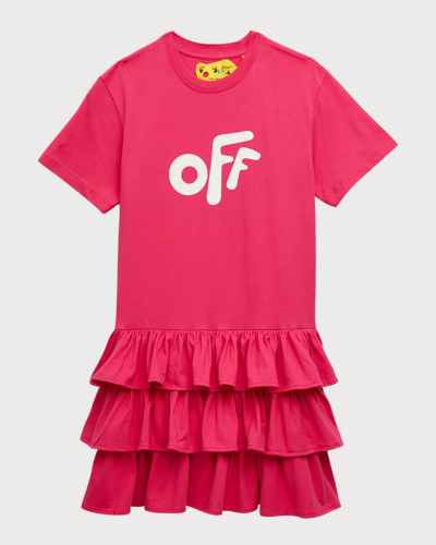 Shop Off-white Girl's Logo-print Ruffle Trim Dress In Fuchsia/white