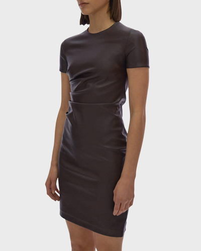 Shop Helmut Lang Faux Leather Gathered Mini Dress In Wine