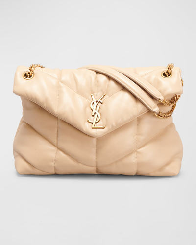 Shop Saint Laurent Loulou Puffer Medium Ysl Flap Shoulder Bag In Natural